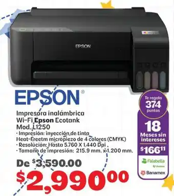 Soriana Mercado Epson impresora inalámbrica wi-fi epson ecotank mod. l1250 oferta