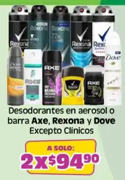 Soriana Súper Desodorantes en aerosol o barra Axe, Rexona y Dove oferta