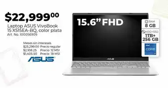 HP Laptop asuslaptop asus vivobook 15 x515ea-bq1209t / intel core i7 / 15.6 pulg. / 1tb / 256gb ssd / 8gb ram / plata oferta