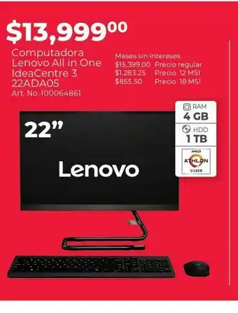 Computadora all in one lenovo ideacentre 3 22ada05 / amd athlon silver / 21.5 pulg. / 1tb / 4gb ram / negro