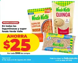 HEB Verde Valle leguminosas y super foods oferta