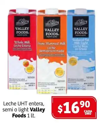 Soriana Híper Leche UHT Entera, Semi o Light Valley Foods 1lt oferta