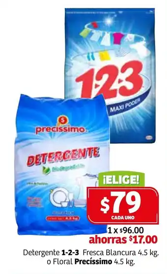 Soriana Híper Detergente 1-2-3 Fresca Blancura 4.5kg o Floral Precíssimo 4.5kg oferta