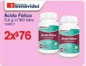 Farmacias Benavides Ácido fólico 0.4g c/ 180 tabs x2 oferta
