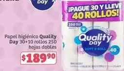 Soriana Híper Quality day - papel higiénico day 30+10 rollos 250 hojas dobles oferta