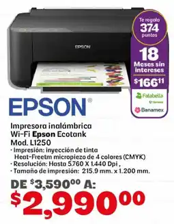 Soriana Mercado Epson impresora inalámbrica Wi-Fi Epson Ecotank Mod. L1250 oferta