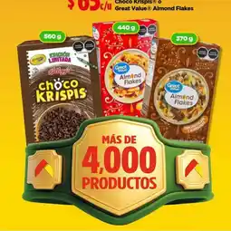 Bodega Aurrerá Choco Krispis o Great Value Almond Flakes oferta