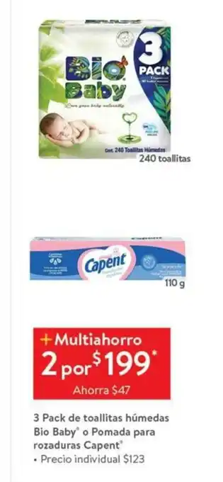Walmart 3 Pack de Toallitas humedas Bio Baby o Pomada para rozaduras Capent oferta