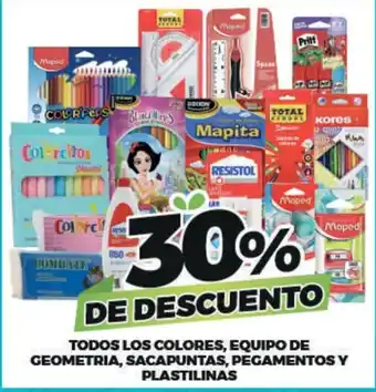 Maped todos los colores, equipo de geometria, sacapuntas, pegamentos y plastilinas