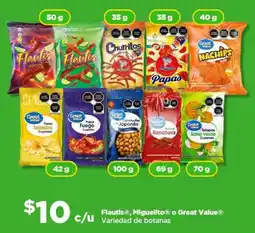 Bodega Aurrerá Flautis® Miguelito® o Great Value® Variedad de botanas oferta