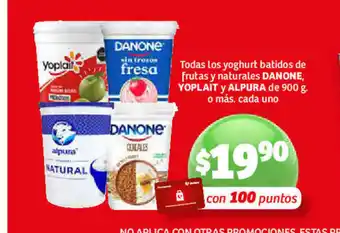 Soriana Híper Todas los yoghurt batidos de frutas naturales DANONE, YOPLAIT y ALPURA de 900g o mas, cada uno oferta