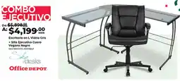 Office Depot Escritorio en l vidrio gris + silla ejecutiva cuero vegano negro oferta