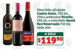 Soriana Híper Cuatro Soles Vino tinto afrutado Riunite Vino Lambrusco Sweet Red Reservado oferta