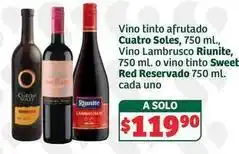 Soriana Híper Cuatro soles - vino tinto afrutado, vino lambrusco riunite, vino tinto sweet red reservado oferta