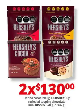 Soriana Híper Harina cocoa 200g HERSHEY'S y variedad topping chocolate mini KISSES 340g o 326g oferta