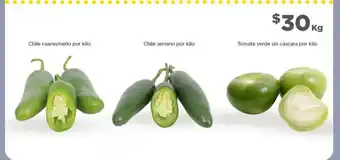 Chile cuaresmeño por kilo / Chile serrano por kilo / Tomate verde sin cascara por kilo