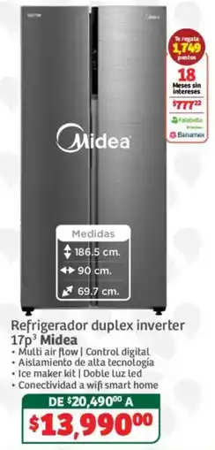 Soriana Híper Midea refrigerador duplex inverter 17p³ oferta