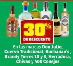 Soriana Híper Don Julio, Cuervo Tradicional, Buchanan's, Brandy Torres 10 y 5, Herradura, Chivas y 400 Conejos oferta