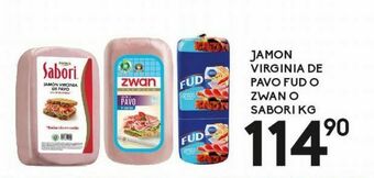 Alsuper Jamón virginia de pavo fud o zwan o sabori kg oferta