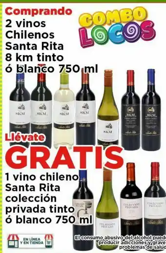 2 vinos chilenos santa rita 8 km tinto ó blanco 750 ml