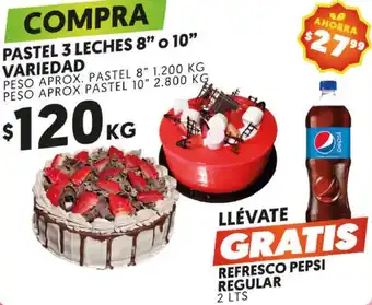 Merco Pastel 3 Leches 8" o 10" + Refresco Pepsi Regular 2L oferta