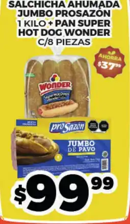 Merco Wonder salchicha ahumada jumbo prosazon 1 kilo + pan super hot dog wonder c/8 piezas oferta