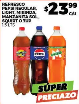 Merco refresco pepsi regular, light, mirinda, manzanita sol, squirt o 7up oferta