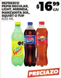 Merco refresco pepsi regular, light, mirinda, manzanita sol, squirt o 7up oferta