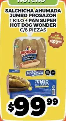Merco Jumbo - salchicha ahumada jumbo prosazon 1 kilo + pan super hot dog wonder c/8 piezas oferta