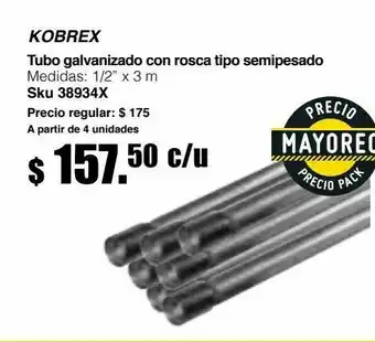 Tubo galvanizado c/rosca 1/2" tipo semipesado (pared gruesa) 3m largo