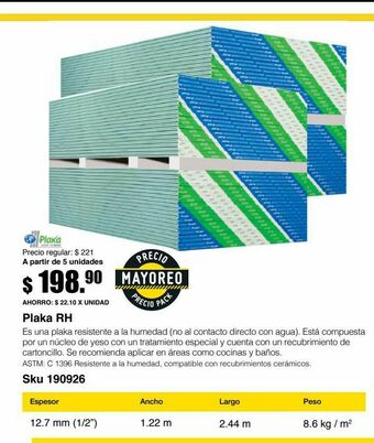Panel de yeso rh 1/2m