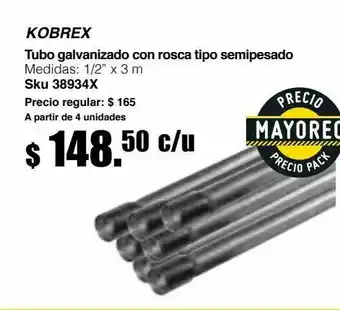 Tubo galvanizado c/rosca 1/2" tipo semipesado (pared gruesa) 3m largo
