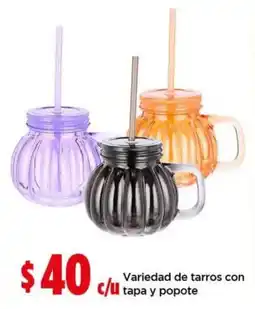 Bodega Aurrerá Variedad de tarros con tapa y popote oferta