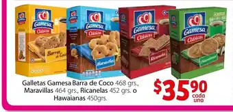 Soriana Mercado Galletas Gamesa Barra de Coco 468grs, Maravillas 464grs, Ricanelas 452 grs o Hawaianas 450grs oferta