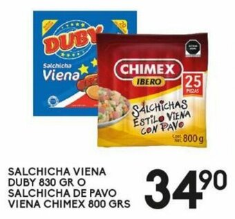 Alsuper Salchicha Viena Duby 830g o Salchicha de Pavo Viena Chimex 800g oferta
