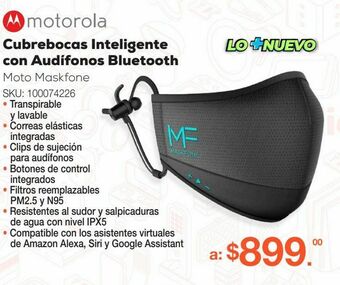 Cubrebocas inteligente con audífonos bluetooth motorola