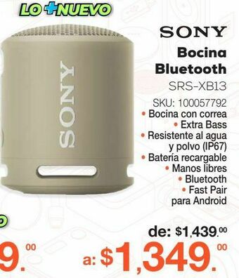Bocina bluetooth sony srs-xb13 / beige