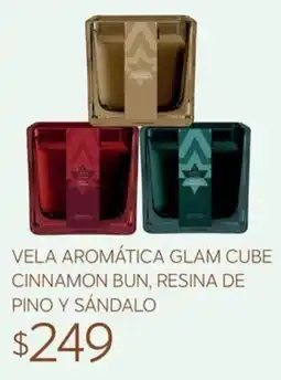 Soriana Súper Vela aromática glam cube cinnamon bun, resina de pino y sándalo oferta