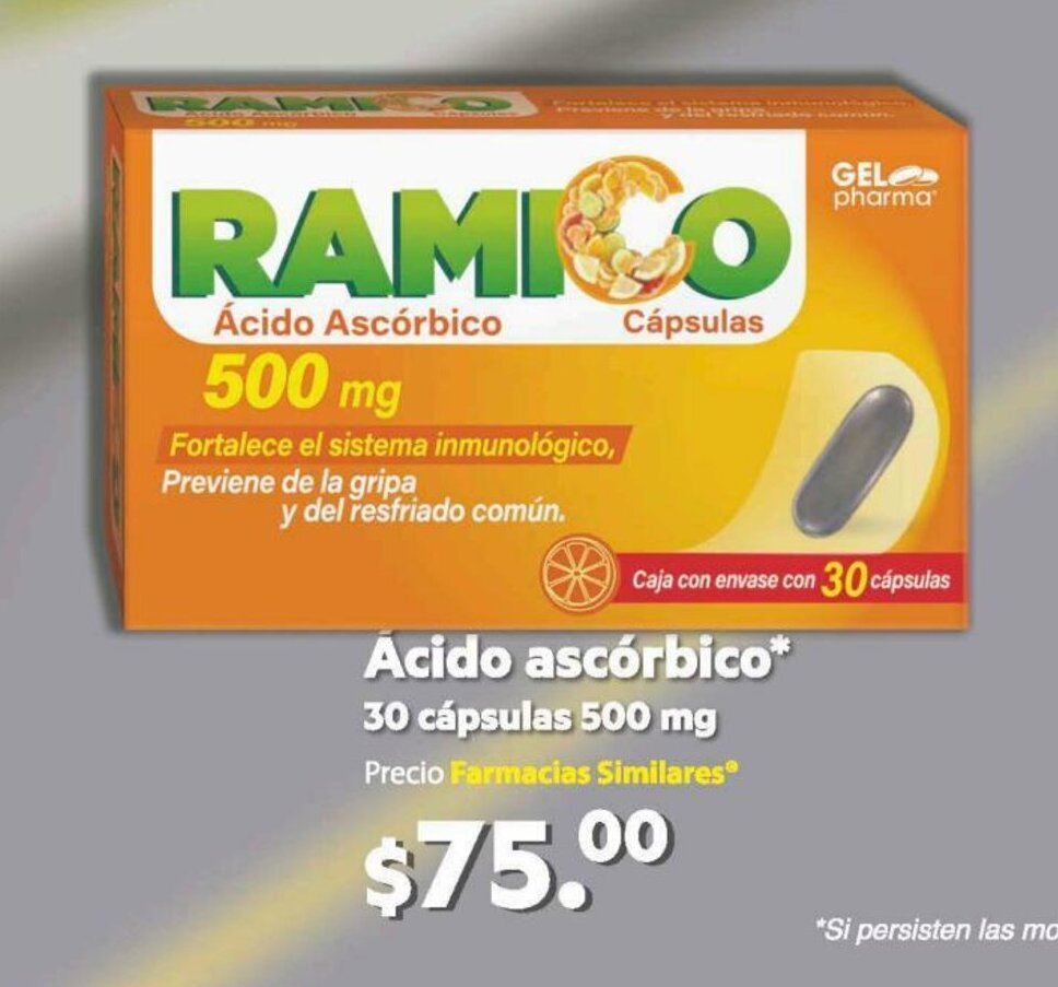 Acido Ascorbico 30 Capsulas 500 mg oferta en Farmacias Similares