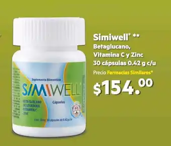 Farmacias Similares Simiwell Betaglucano, Vitamina C y Zinc 30 Capsulas 0.42g c/u oferta
