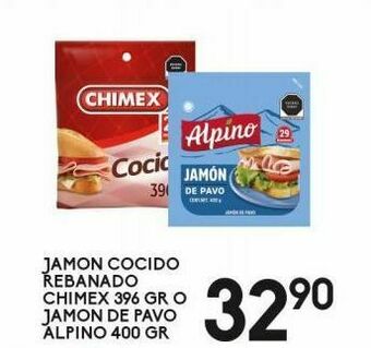 Jamón cocido rebanado chimex 396g o jamón de pavo alpino 400g