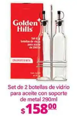 La Comer Golden Hills Set de 2 botellas de vidrio para aceite con soporte de metal oferta