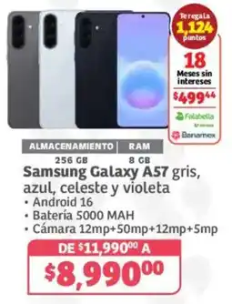 Soriana Híper Samsung Galaxy A57 gris, azul, celeste y violeta oferta