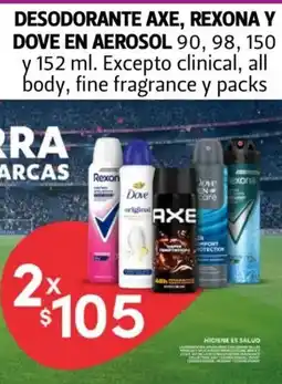 Farmacias Guadalajara Desodorante Axe, Rexona y Dove en aerosol oferta