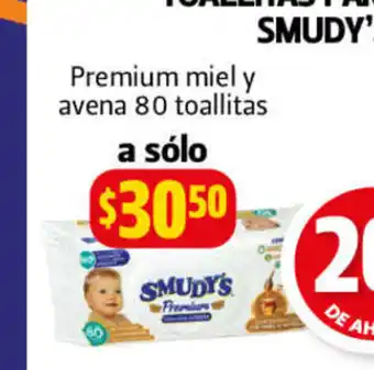 Farmacias Guadalajara Toallitas para bebe Smudy's Premium miel y Avena 80 toallitas a solo oferta