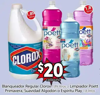 Blanqueador Regular Clorox 1,89L o Limpiador Poett Primavera, Saudad Algodón o Espíritu Play 1,8L
