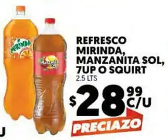 REfresco Mirinda, Manzanita Sol, 7Up o Squirt 2.5L