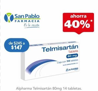 Farmacia San Pablo Telmisartán tab 80mg c/14 alpharma oferta