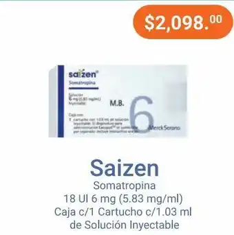 Farmacias Especializadas Saizen 18 ui 6 mg (5.83 mg /ml)1 crt c/1.03 ml oferta