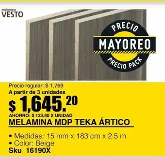 Melamina mdp teka ártico 15 mm 183 x 250 cm